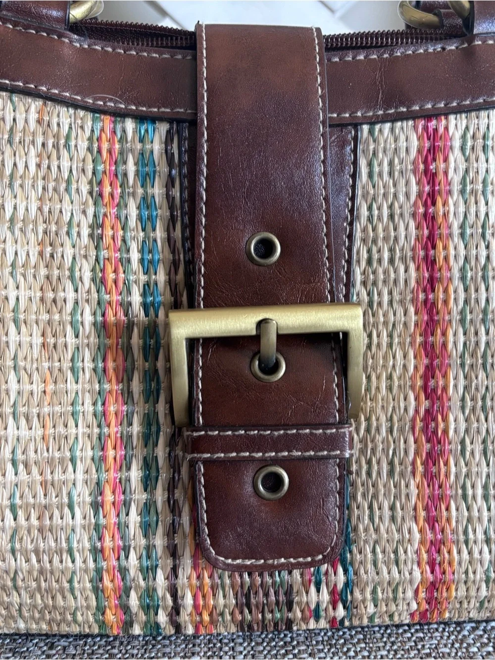 Multicolor Woven Satchel with Brown Leather Trim